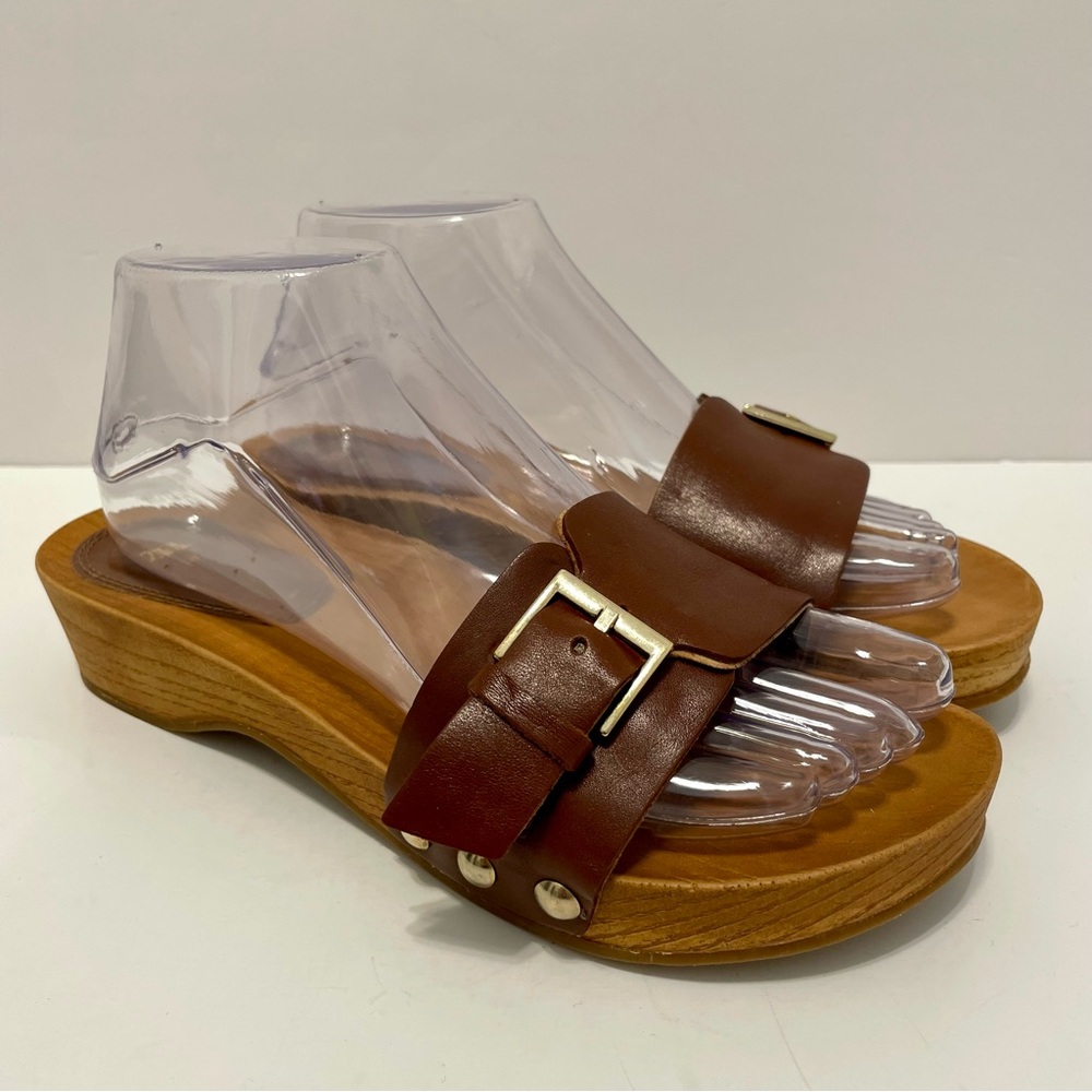 Zara Brown Leather Buckle Wedge Sandals Women’s Size 38 (7.5-8)